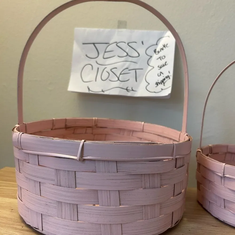 Set of 3 Pink Woven Picnic Baskets with Handles